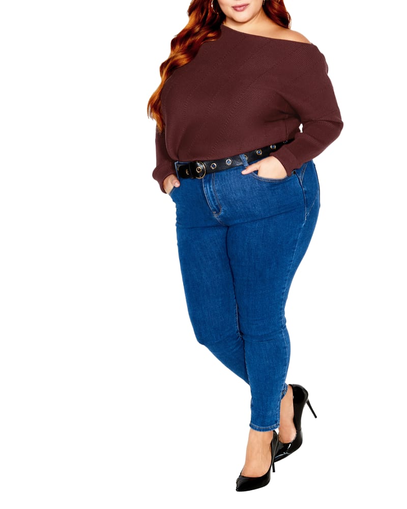 Front of a model wearing a size XL Lean In Sweater in Bordeaux by City Chic. | dia_product_style_image_id:320477
